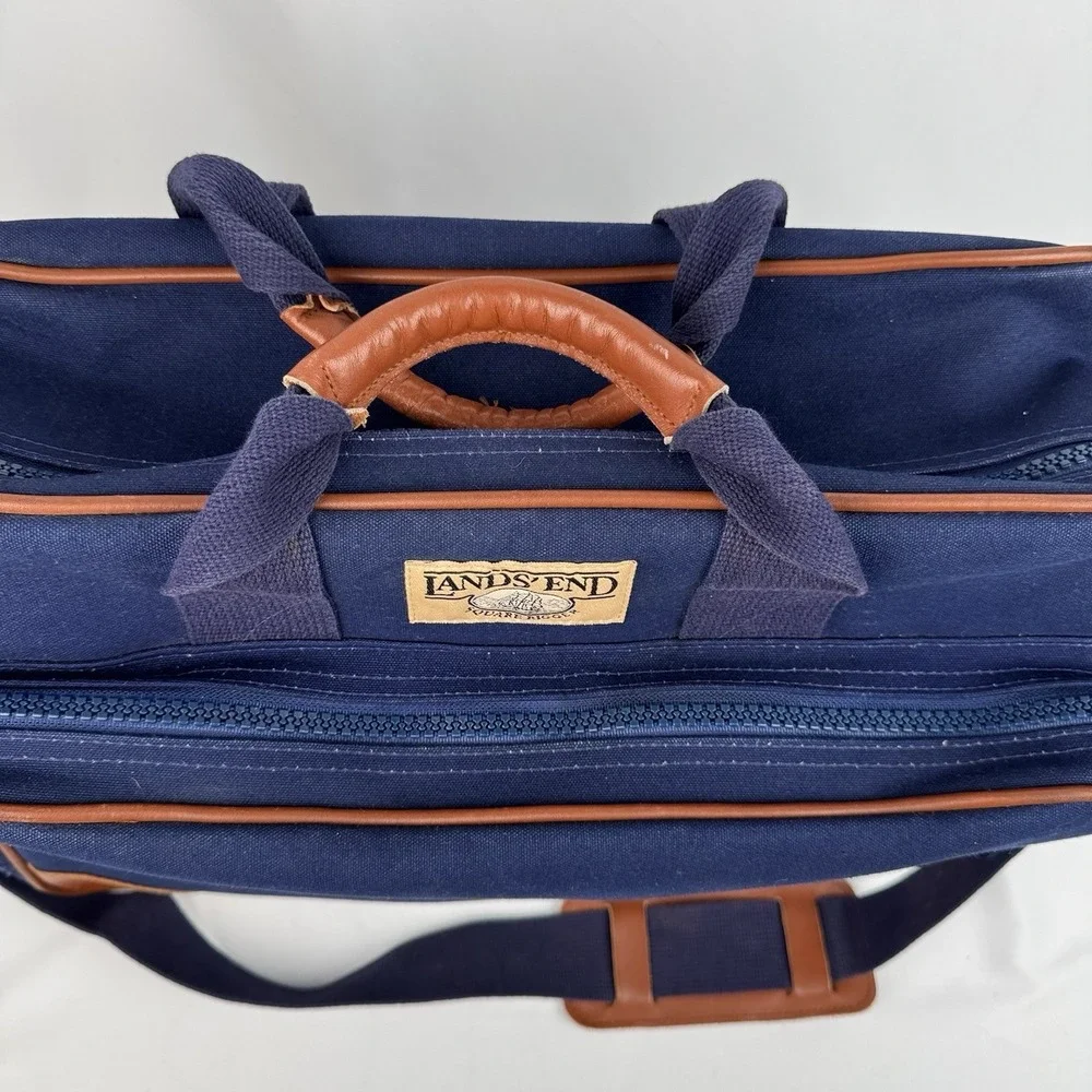 Vtg Lands End Square Rigger Weekender Bag Navy Blue Canvas Leather Luggage 20" - Picture 2 of 9